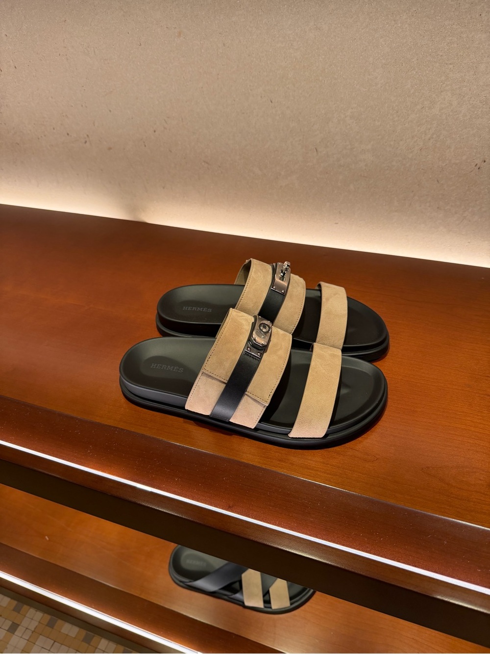 Hermes Men’s Beige and Black Suede Double-Strap Jackson Sandals